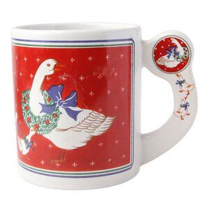 Vintage Christmas Goose Ceramic Mug Festive Holiday Ribbon Wreath Red Green Box